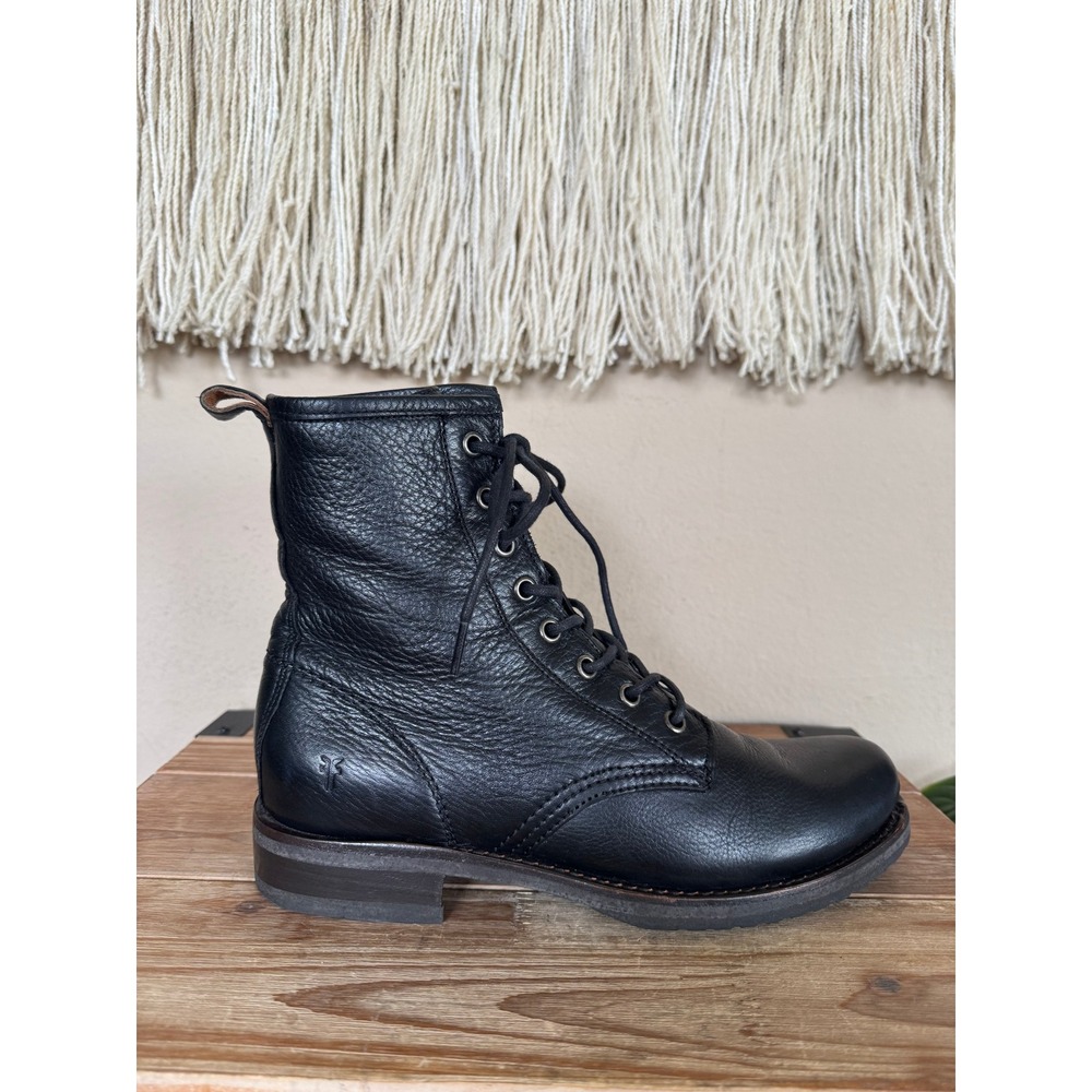 Frye Veronica Flex Combat Black Pebbled Leather Lace Front Ankle Boots Size 8 - Picture 7 of 12